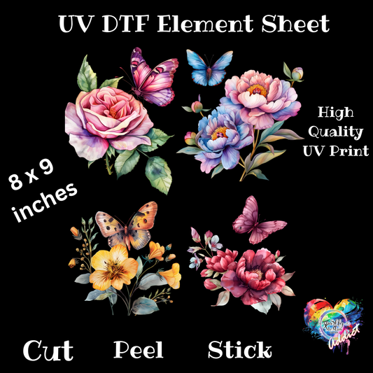 Flowers and Butterflies UV DTF Element sheet