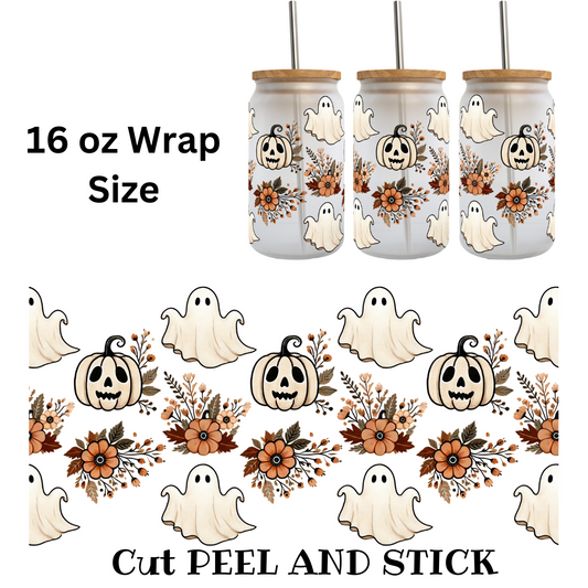Cute Ghost With Fall Flowers UV DTF Wrap