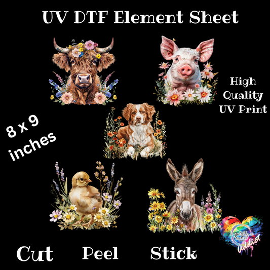 Floral Farm Animals UV DTF Element Sheet