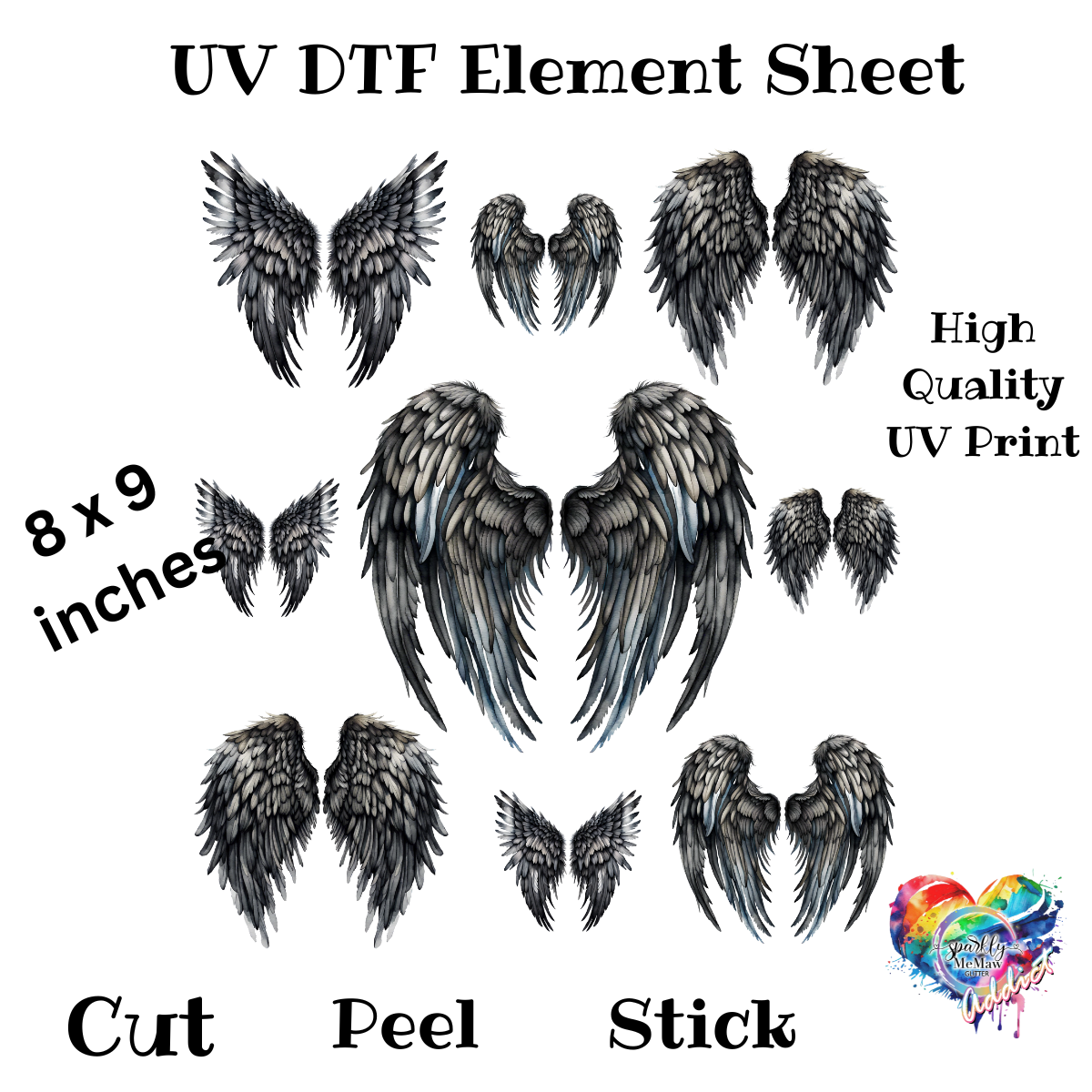 Black Angel Wings UV DTF Element Sheet