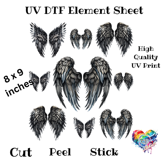 Black Angel Wings UV DTF Element Sheet