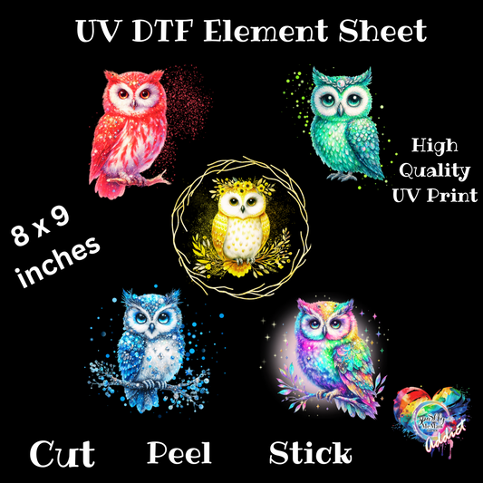 Vibrant Owls UV DTF Element Sheet