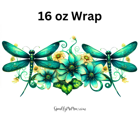 Emerald DragonFly and Flowers UV DTf 16 oz Wrap