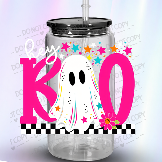 Groovy Boo Ghost UV DTF Decal with Hot Pink Letters Colorful Stars and Checkered Border