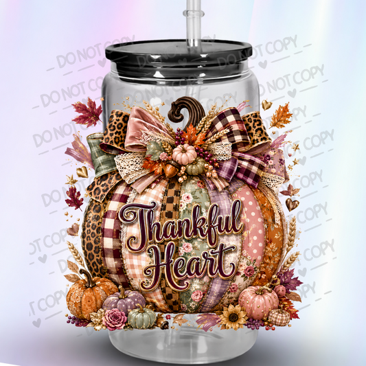Thankful Heart Patchwork Pumpkin UV DTF Decal