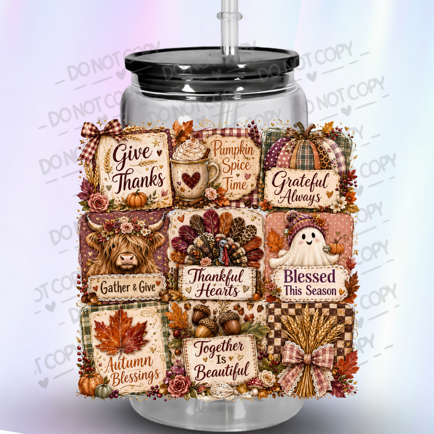 Autumn Thanksgiving Sentiment Grid UV DTF Decal