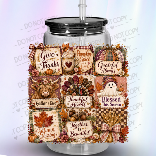 Autumn Thanksgiving Sentiment Grid UV DTF Decal