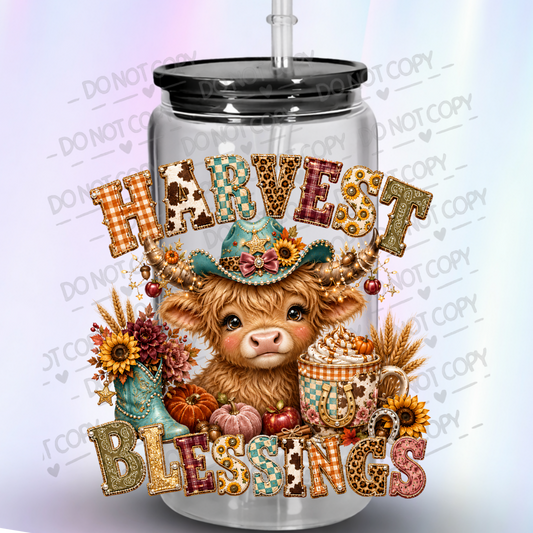 Harvest Blessings Highland Cow UV DTF Decal