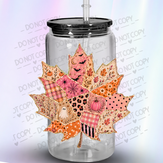 Pink Halloween Patchwork Maple Leaf is a UV DTF Decal