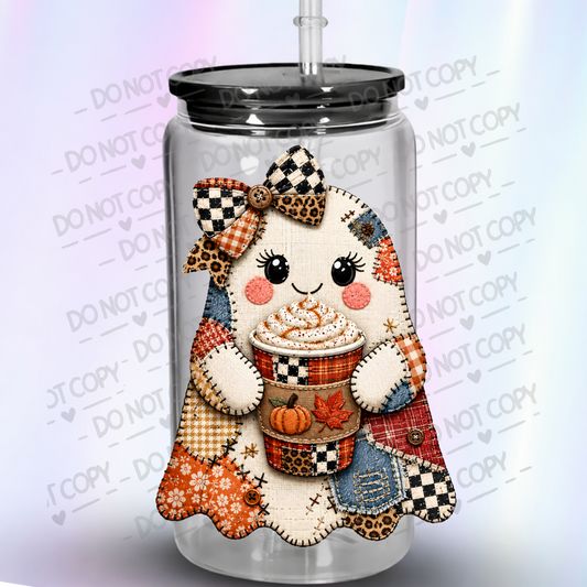 Patchwork Ghost Pumpkin Spice Latte is a UV DTF Decal