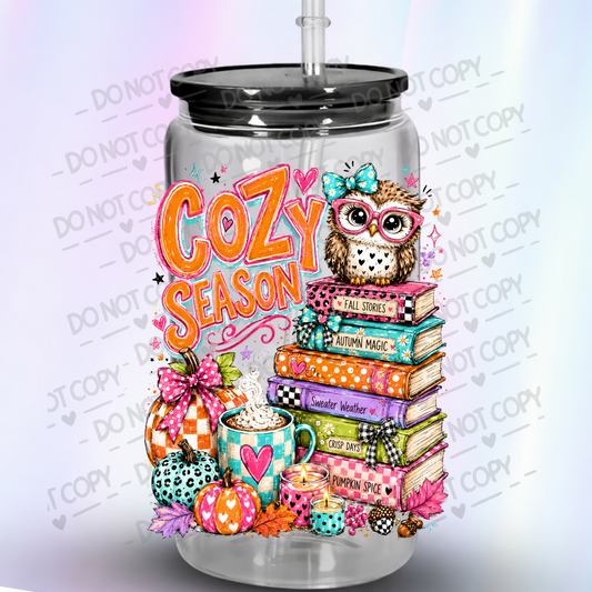 Cozy Season Owl Books Stack is a UV DTF Decal