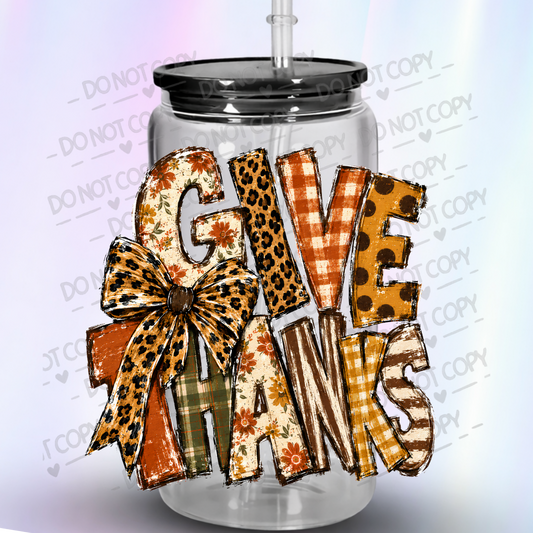 Give Thanks Mixed Pattern Bow UV DTF Decal