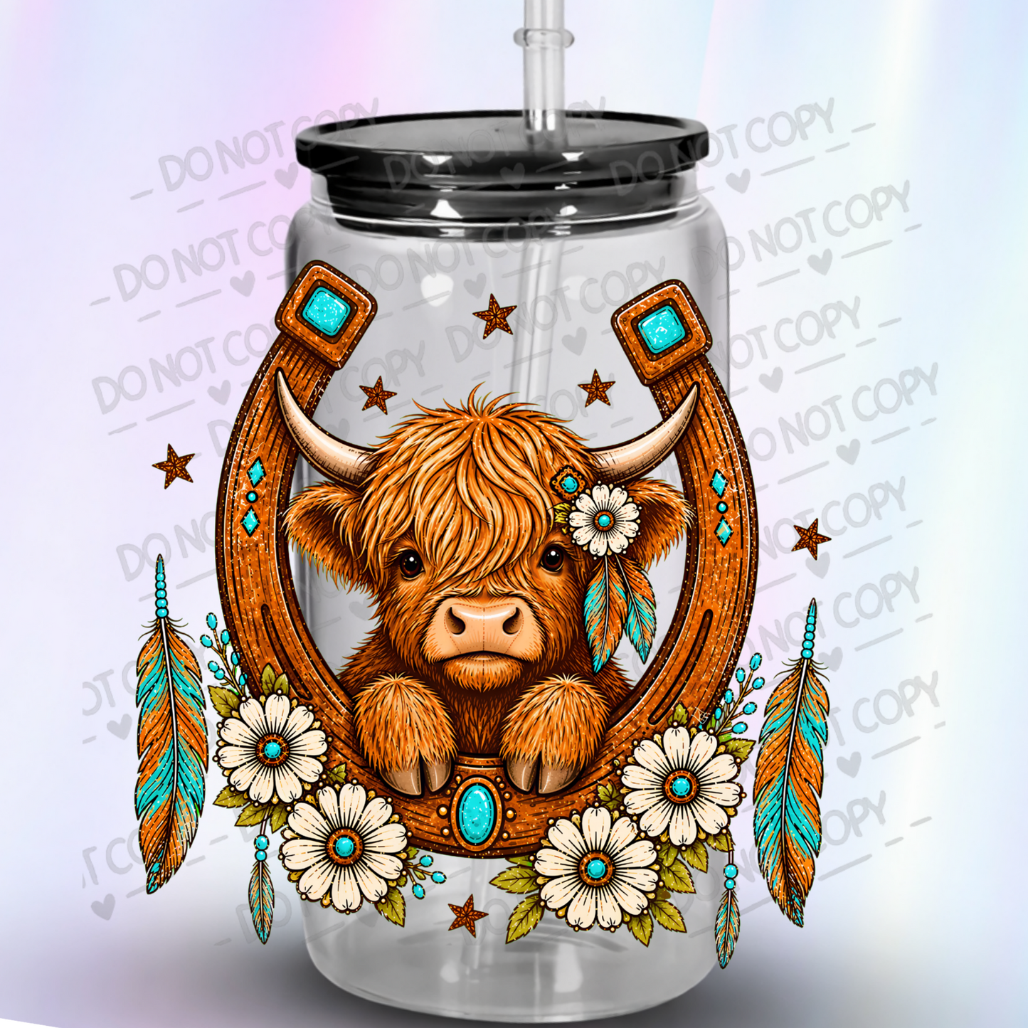 Boho Highland Cow Horseshoe is a UV DTF Decal