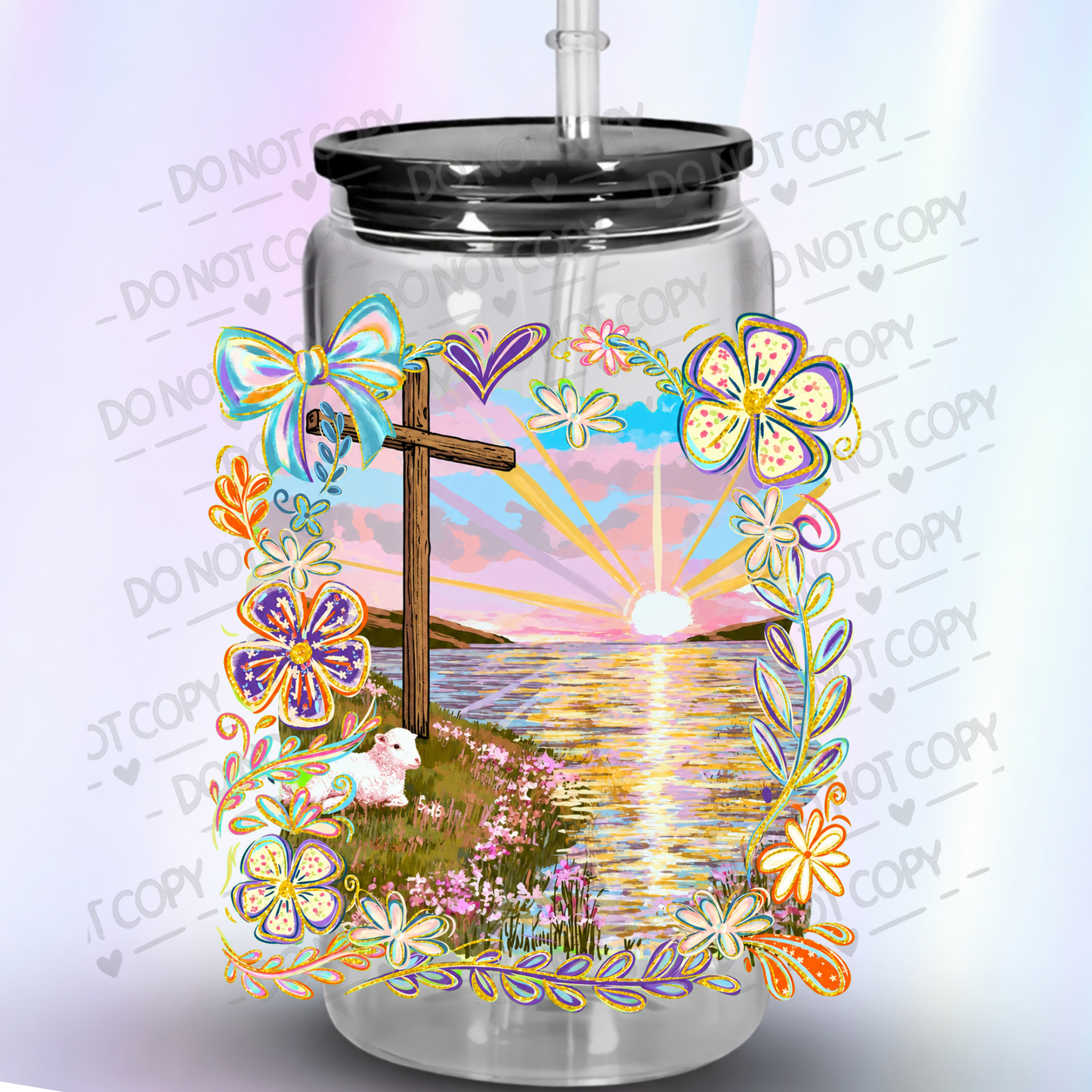 Wooden Cross Lamb Sunrise Floral is a UV DTF Decal