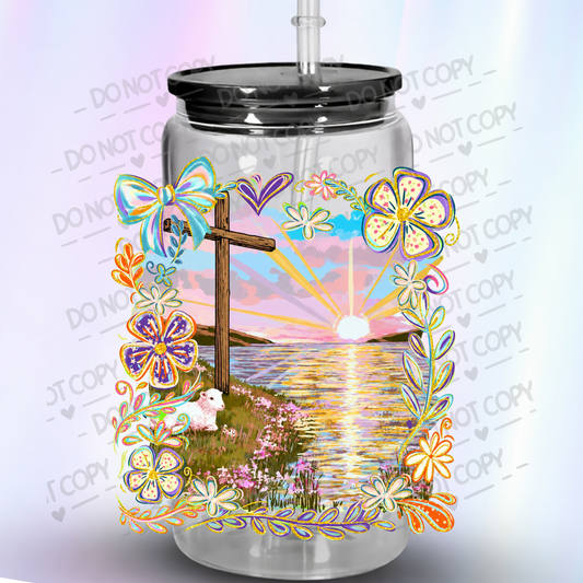 Wooden Cross Lamb Sunrise Floral is a UV DTF Decal