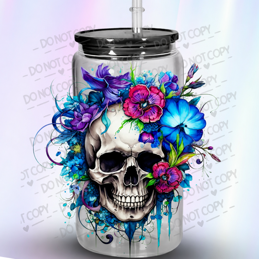 Floral Skull Watercolor UV DTF Decal