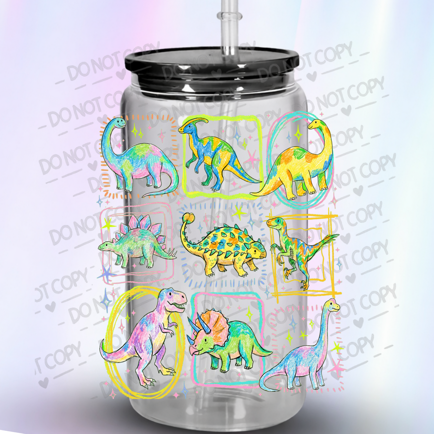 Colorful Dinosaur Doodles UV DTF Decal