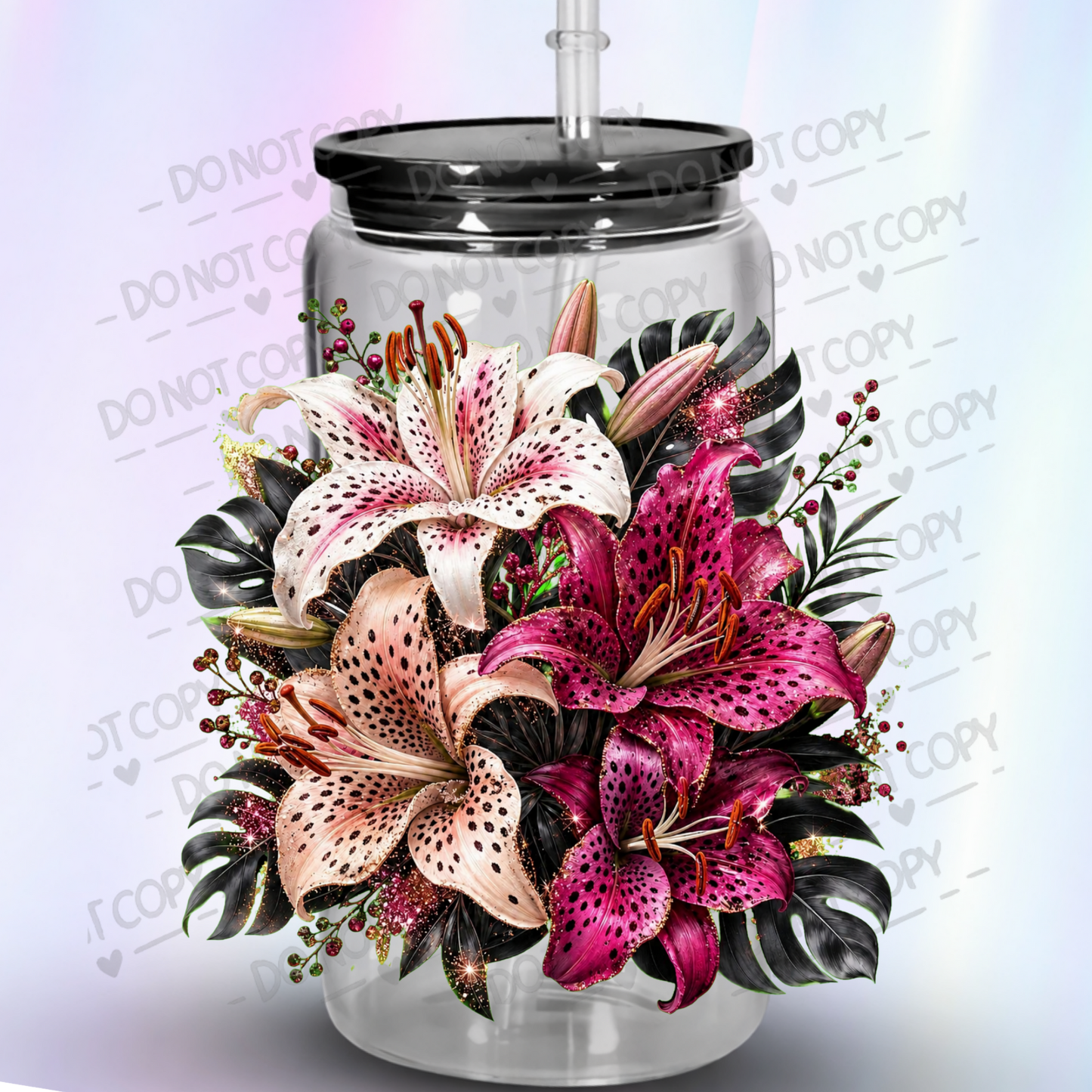 Stargazer Lily Bouquet Glitter UV DTF Decal