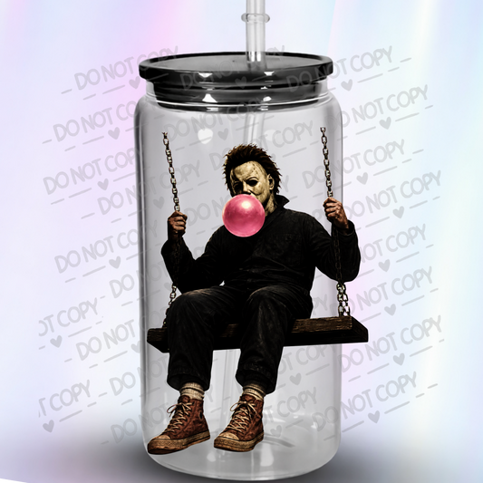 Michael Myers Blowing Bubblegum on Swing This is a UV DTF Decal