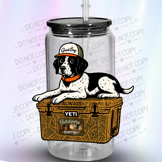 Black and White Hunting Dog on Yeti Cooler is a UV DTF Decal