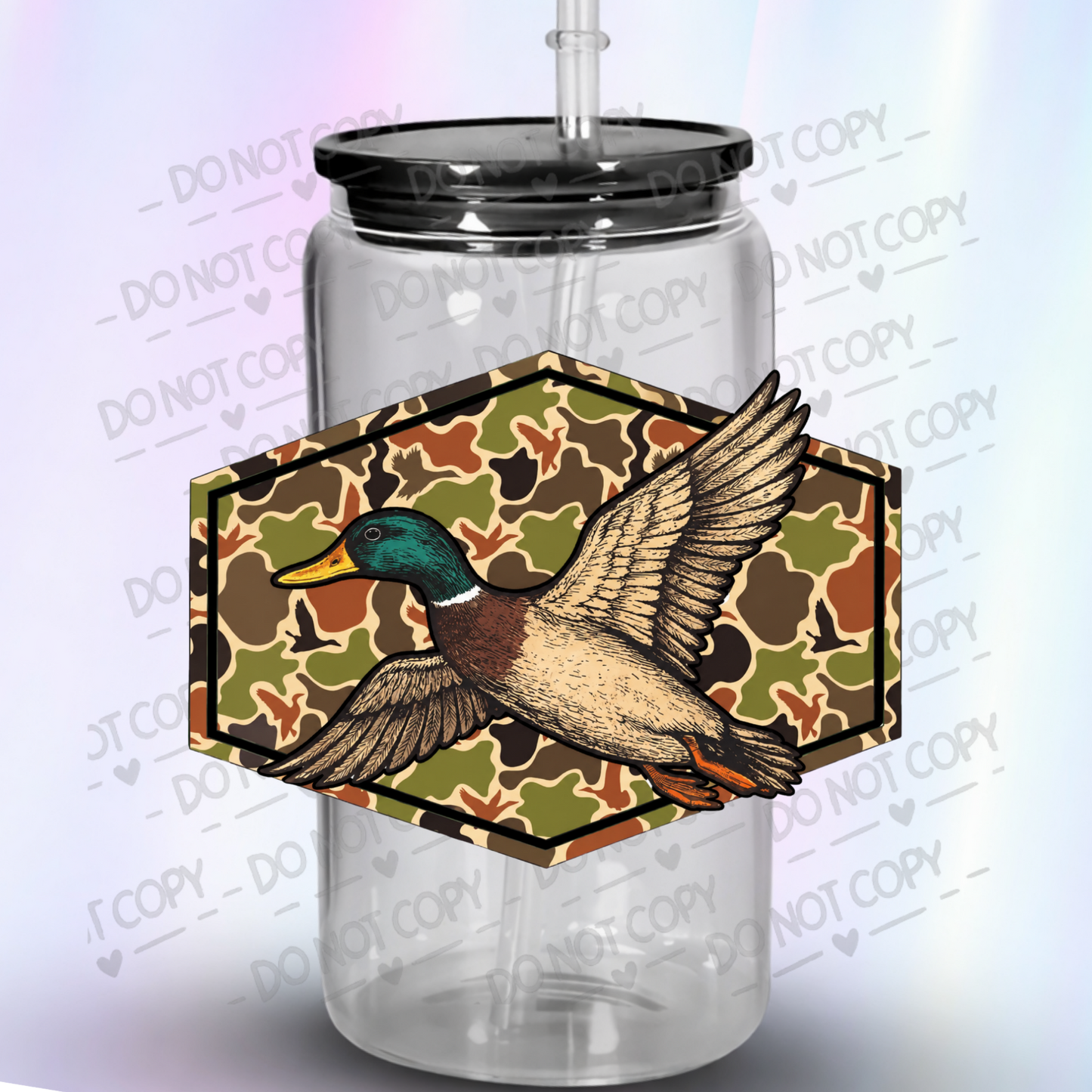 Flying Mallard Duck Camo Hexagon is a UV DTF Decal