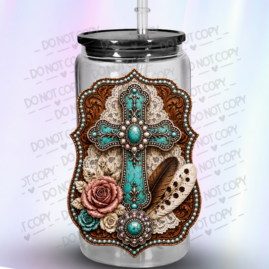 Turquoise Western Cross Floral UV DTF Decal
