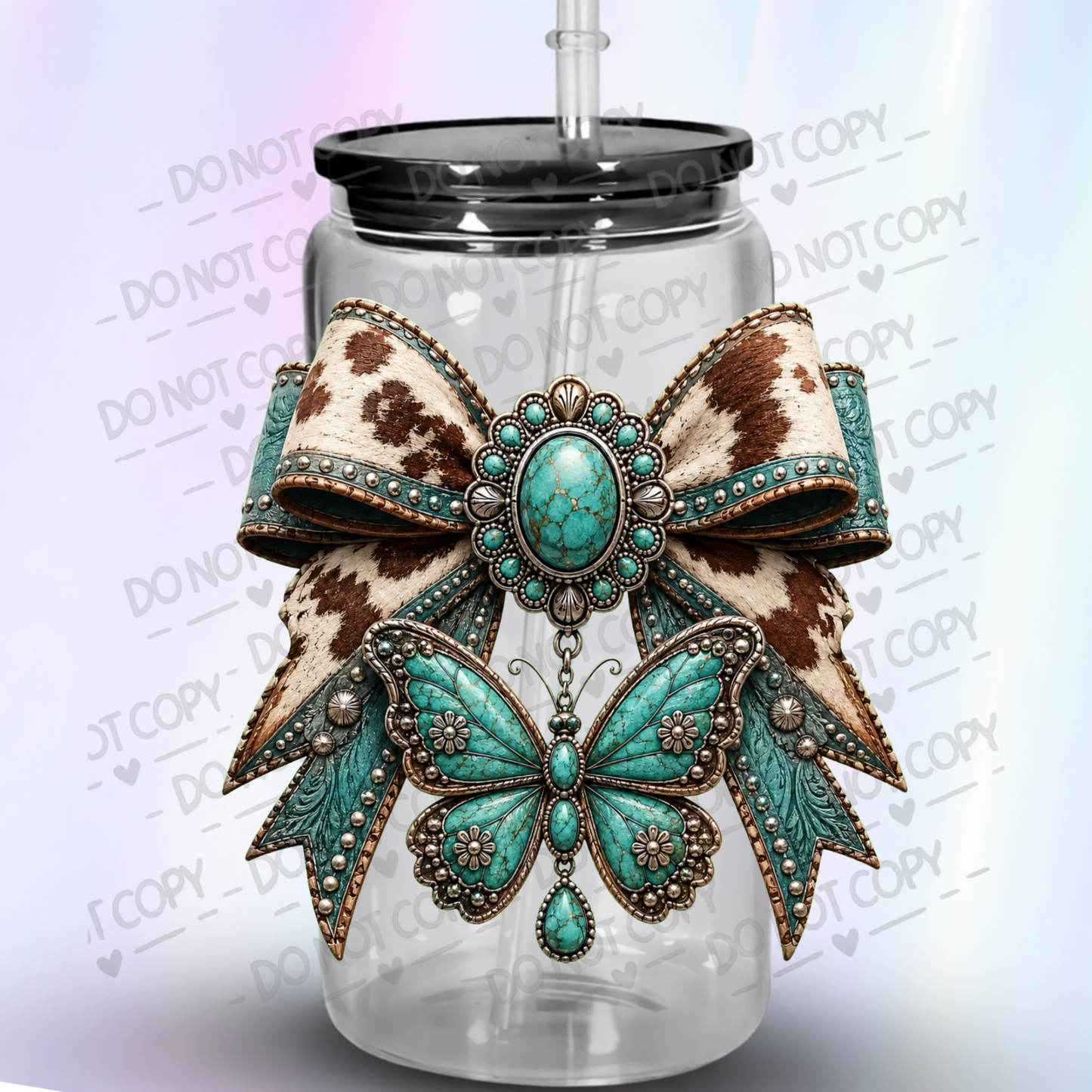 Turquoise Cowhide Bow Butterfly UV DTF Decal