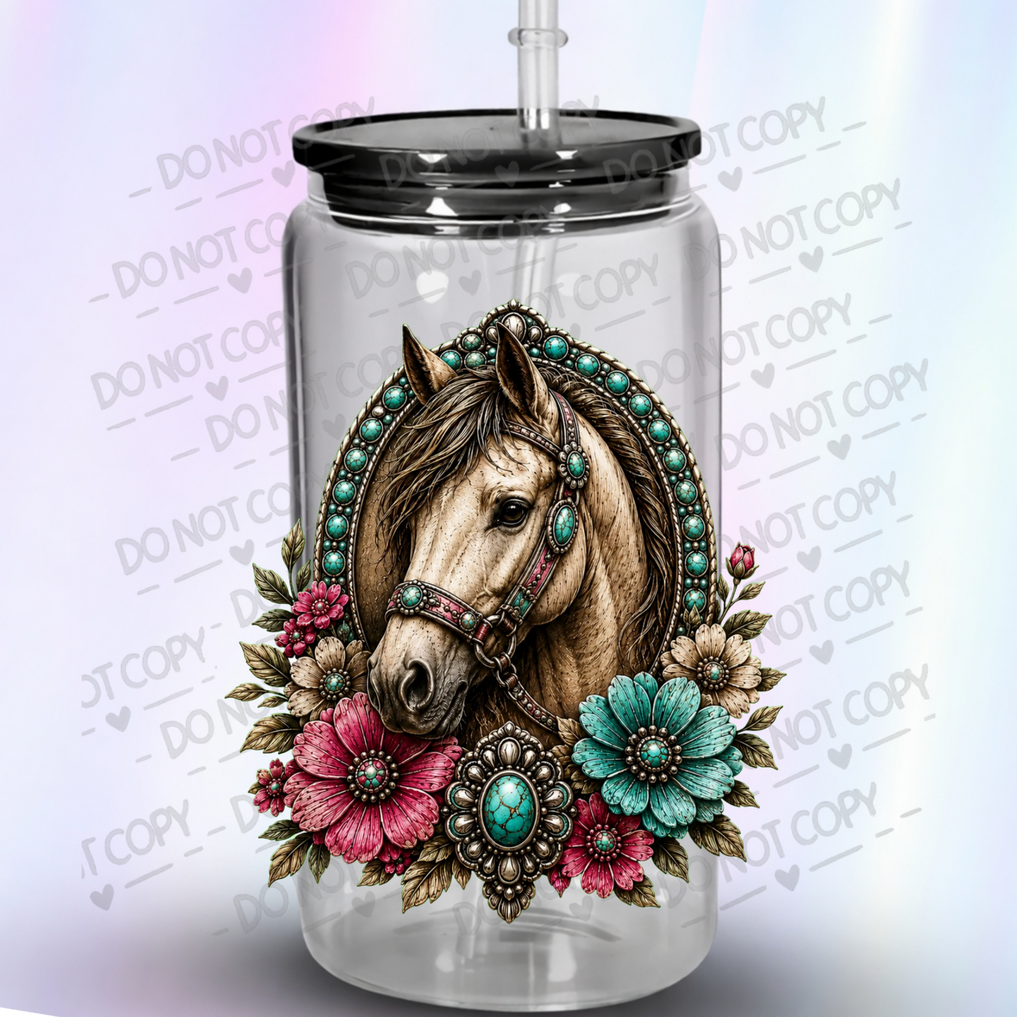 Turquoise Jeweled Horse Floral UV DTF Decal