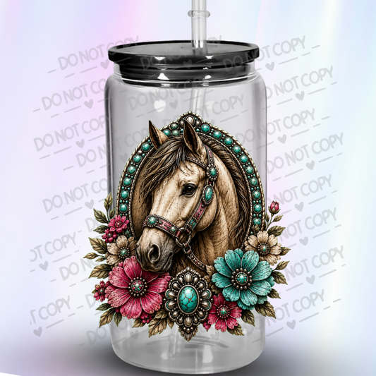 Turquoise Jeweled Horse Floral UV DTF Decal
