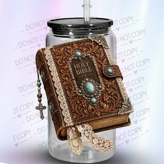 Ornate Holy Bible Turquoise Jeweled This is a UV DTF Decal