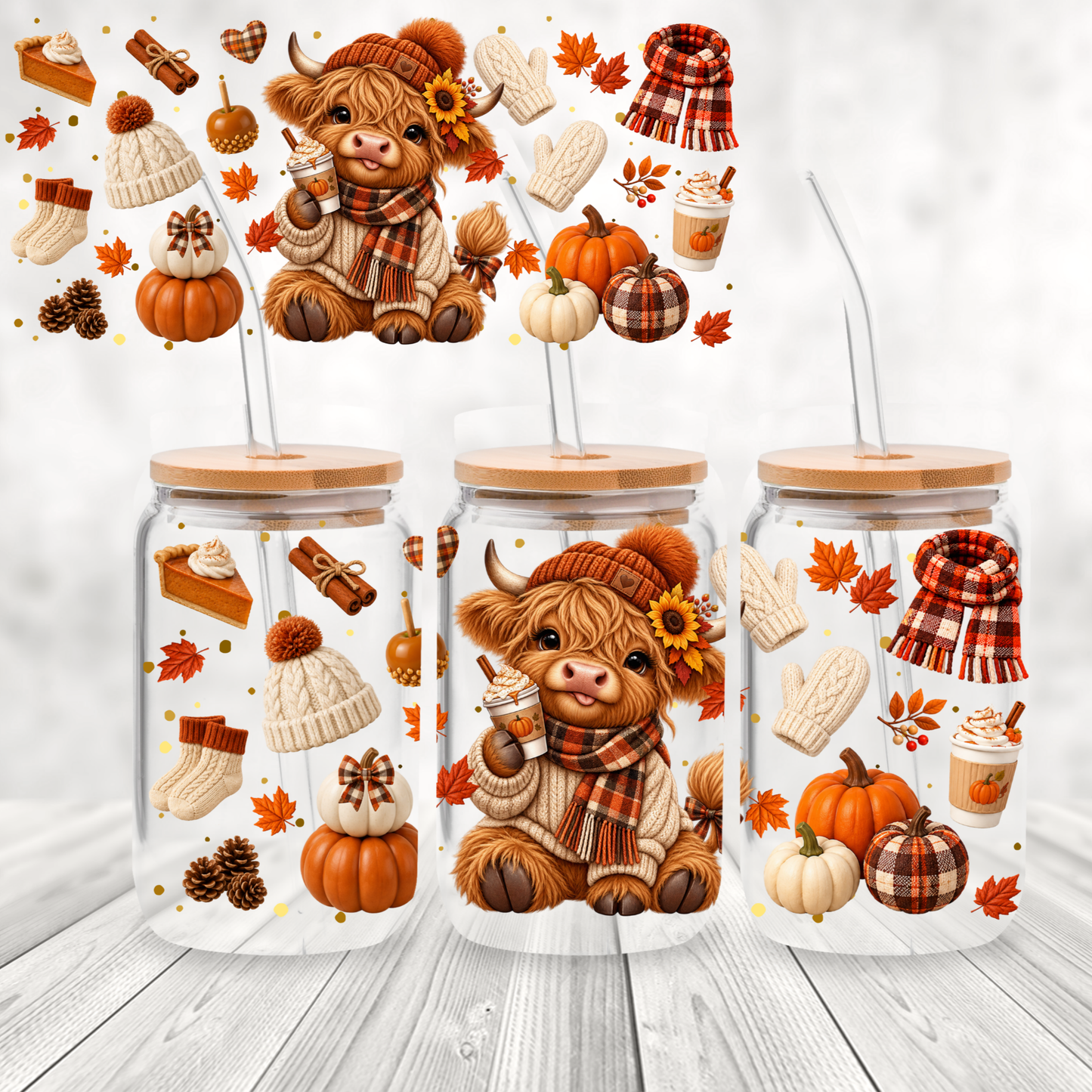 Cozy Fall Highland Cow This is a UV DTF 16 oz Wrap