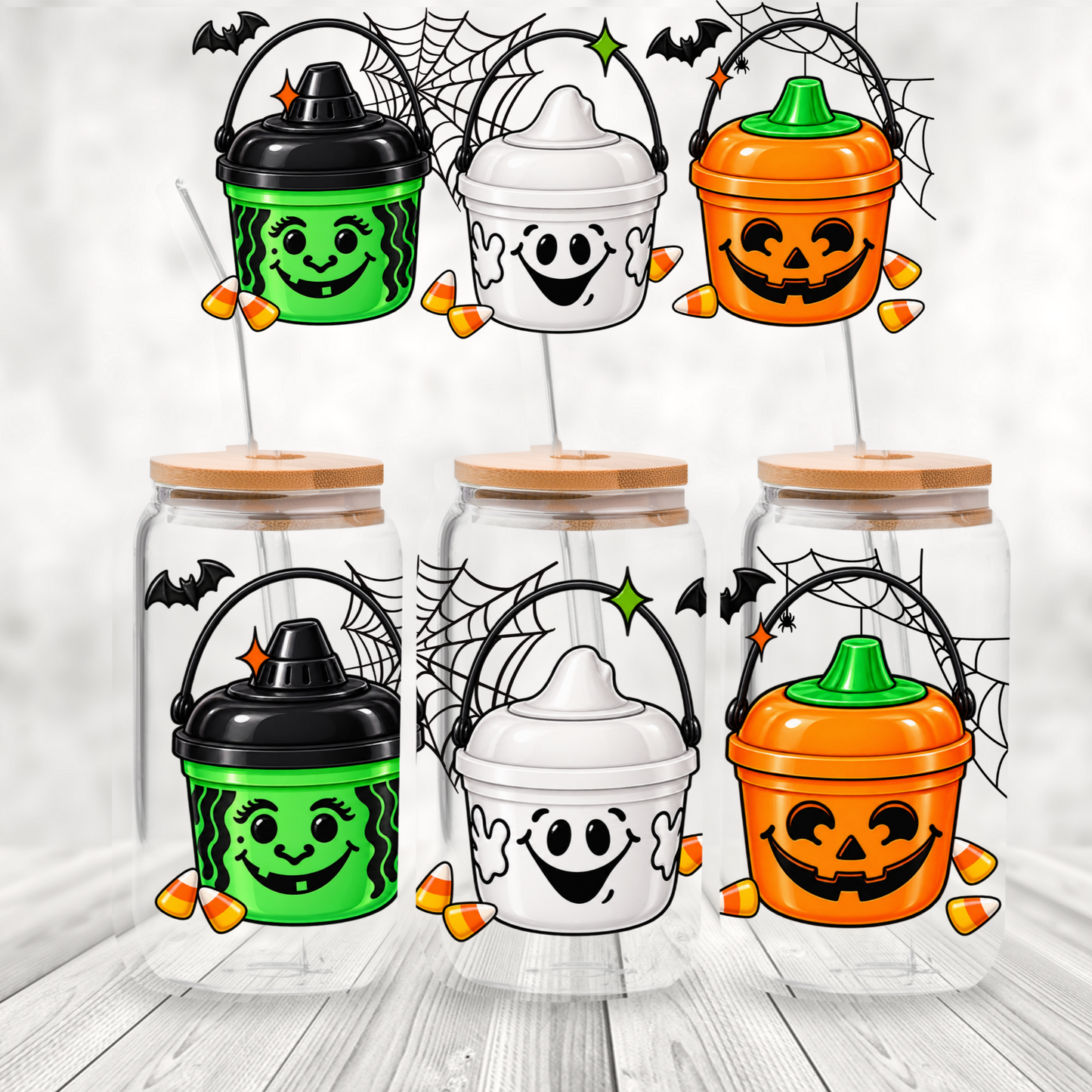 Halloween Witch Ghost Pumpkin Buckets is a UV DTF 16 oz Wrap