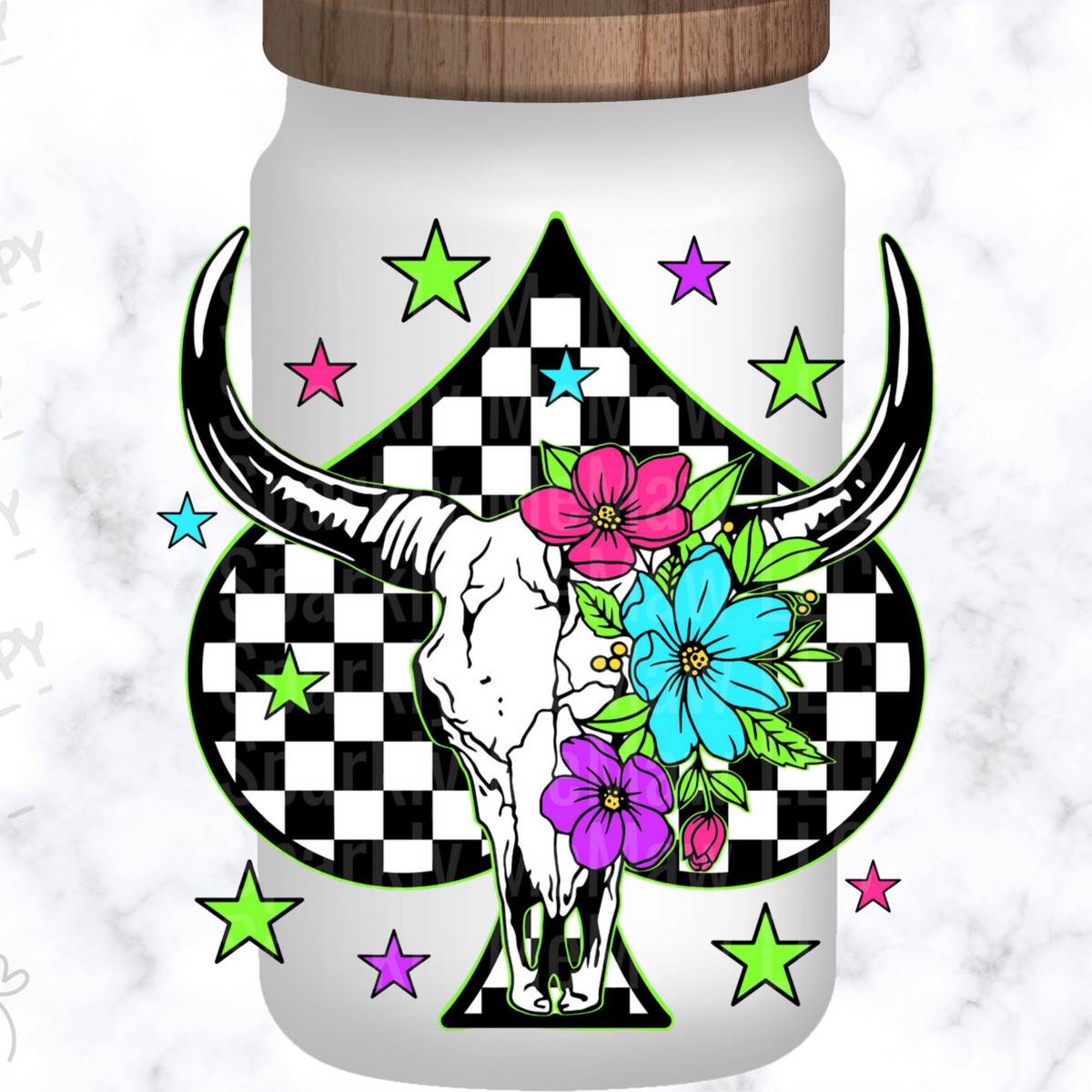 Floral Bull Skull Checkered Spade UV DTF Decal