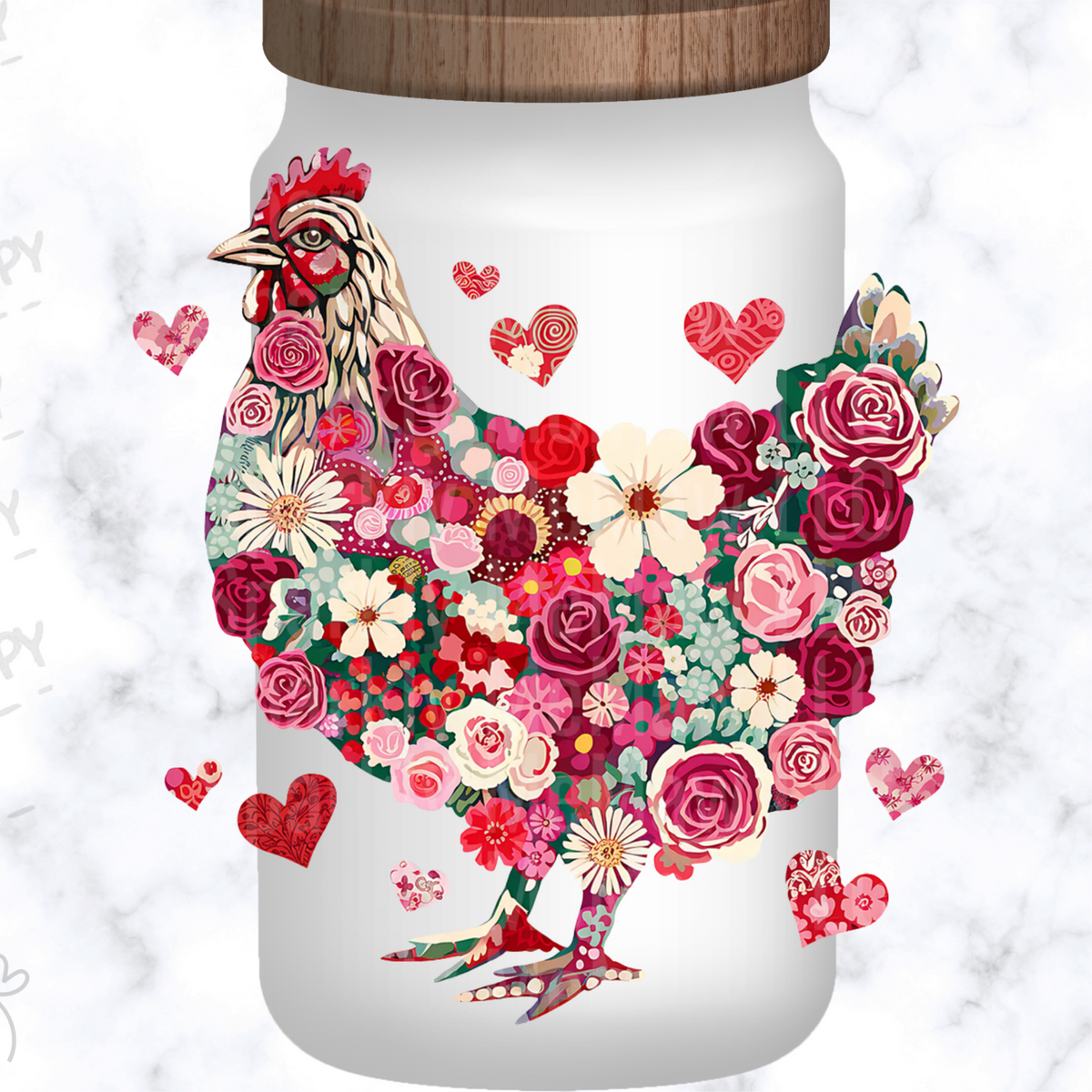 Floral Hen Valentine Hearts UV DTF Decal