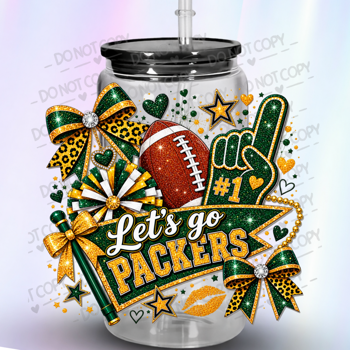 Let's Go Packers Glitter Fan this is a UV DTF Decal