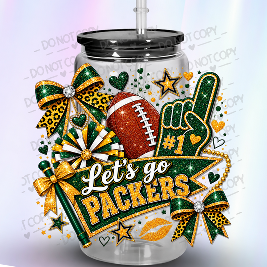 Let's Go Packers Glitter Fan this is a UV DTF Decal