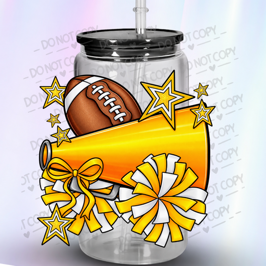 Gold Football Cheer Megaphone Pom Pom UV DTF Decal