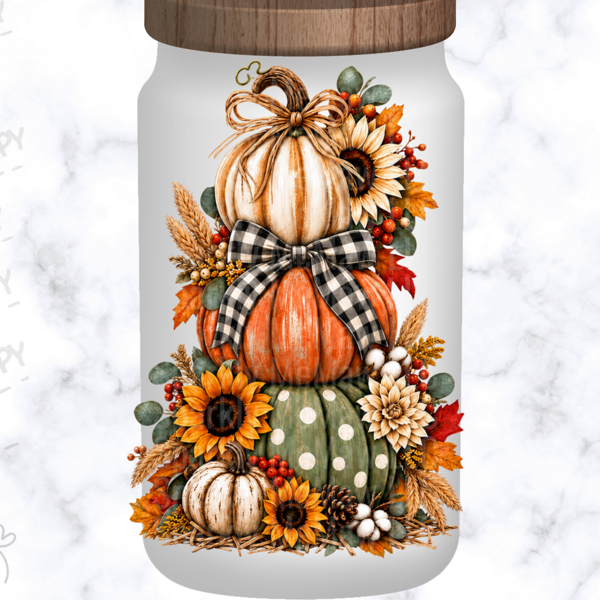 Stacked Fall Pumpkins Sunflowers is a UV DTF Decal