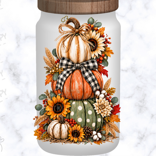 Stacked Fall Pumpkins Sunflowers is a UV DTF Decal