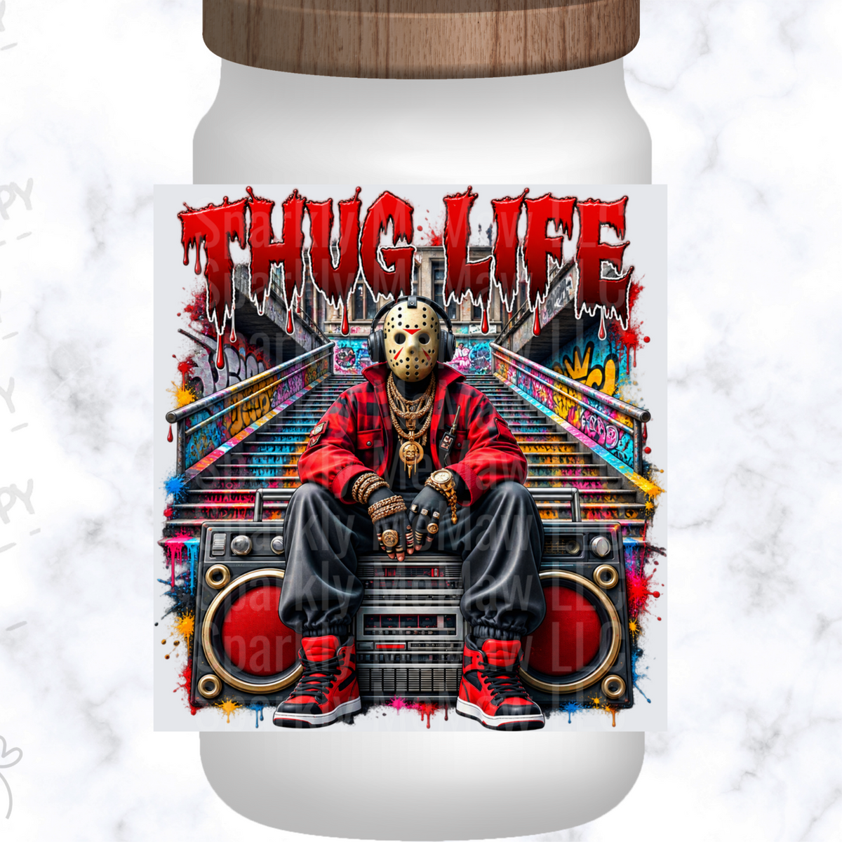 Thug Life Jason Voorhees Hip Hop Boombox Urban Graffiti Stairs Gold Chain Headphones Horror Mashup is a UV DTF Decal