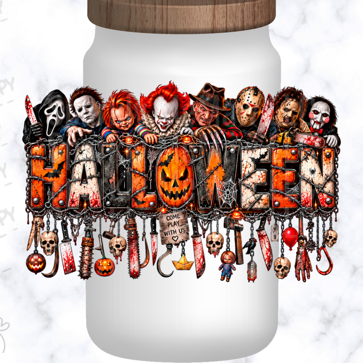 Halloween Horror Icons Come Play With Us UV DTF Decal