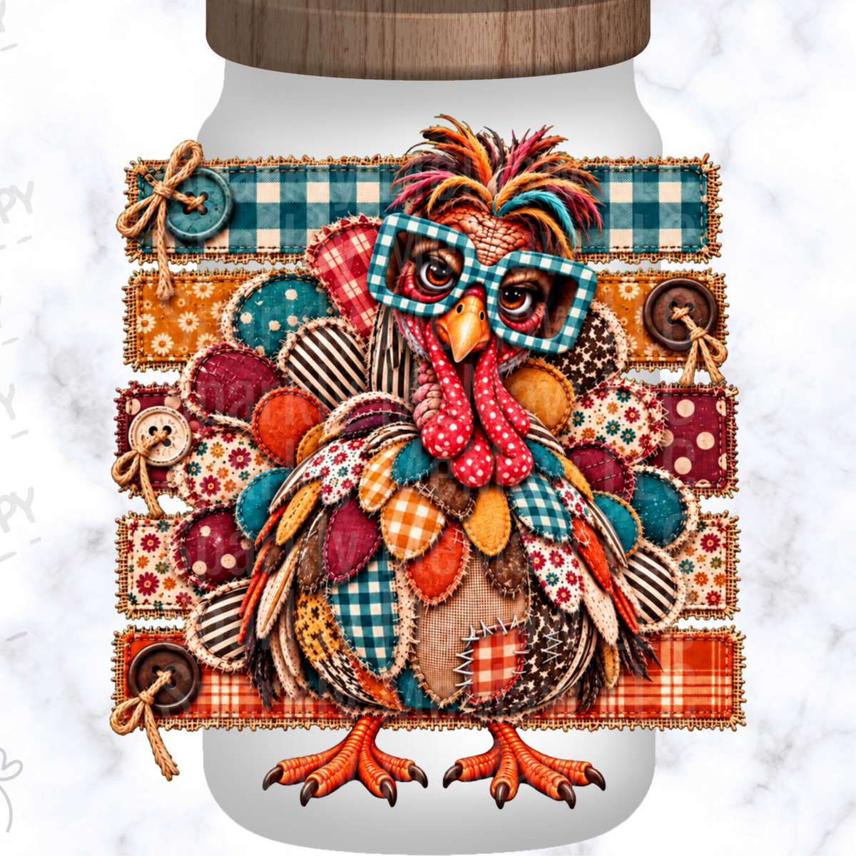 Patchwork Turkey With Glasses is a UV DTF Decal