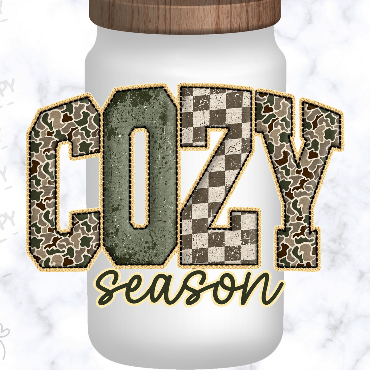 Cozy Season Camo Patch is a UV DTF Decal