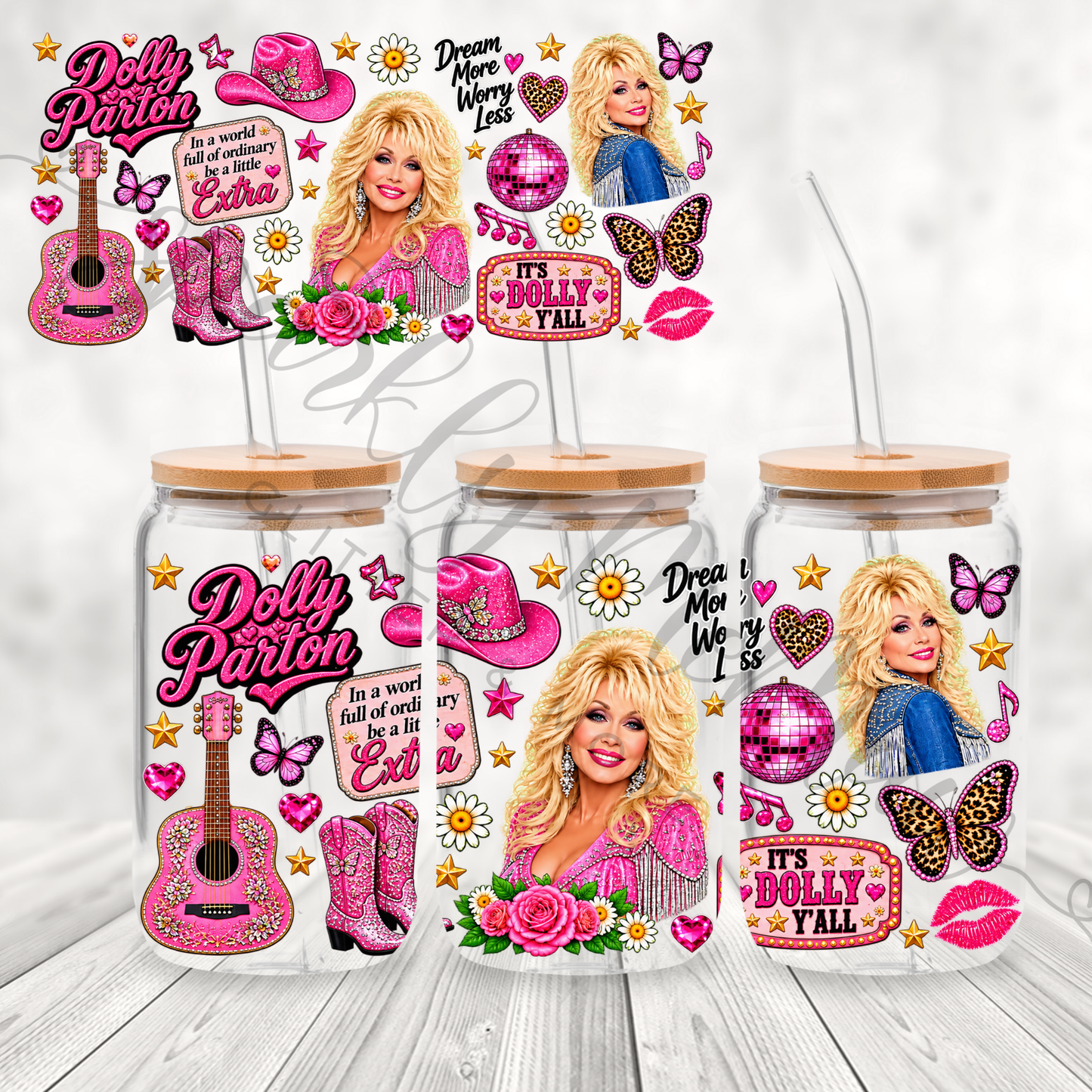 Dolly Parton Pink Glam UV DTF 16 oz wrap