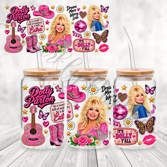 Dolly Parton Pink Glam UV DTF 16 oz wrap