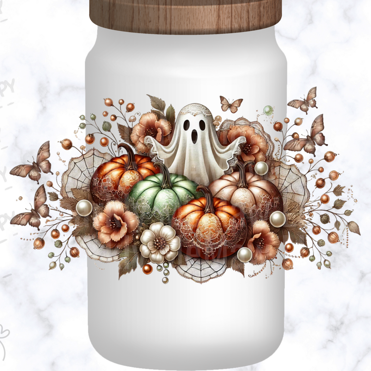 Boho Ghost Pumpkin Floral Halloween is a UV DTF 16 OZ Wrap