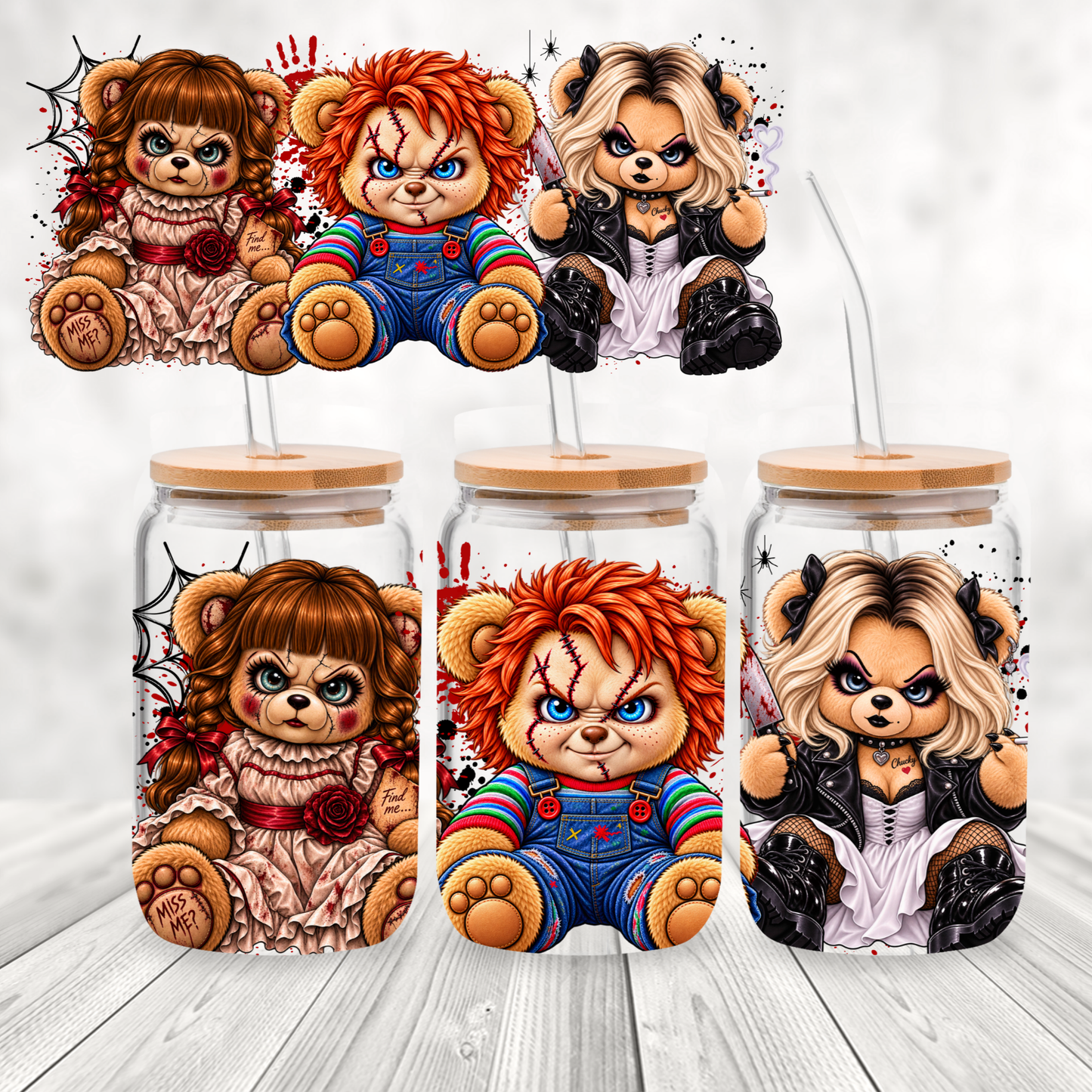 Annabelle Chucky Tiffany Teddy Bears UV DTF 16 oz Wrap