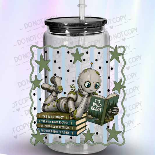 Mossy Robot Reading Wild Robot Books is a UV DTF Decal