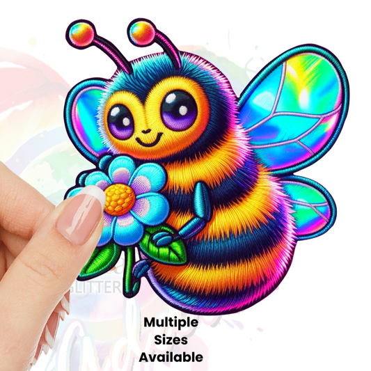 Cute Bee with Flower (Faux Embroidery) UV DTF Decal