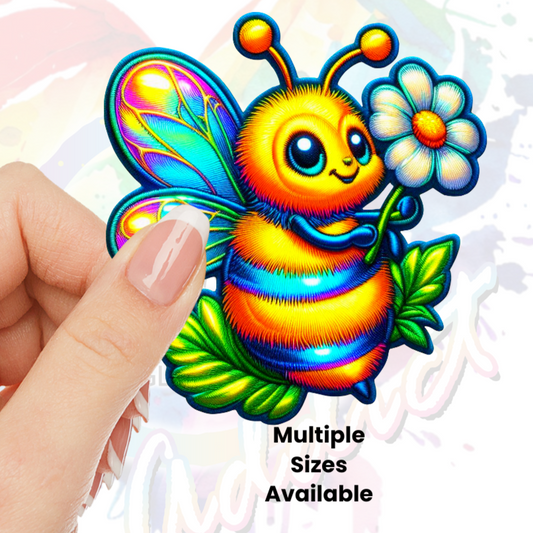 Cute Bee with White Flower (faux embroidery) UV DTF Decal